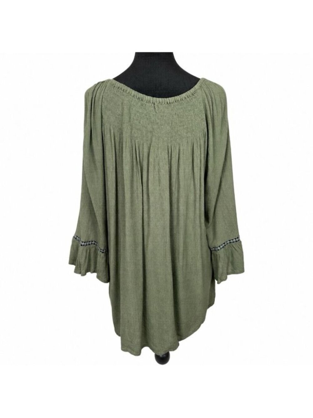 Westport Blouse Womens 1X Green Boho Peasant Smocked Ruffle Bell Sleeve Tunic